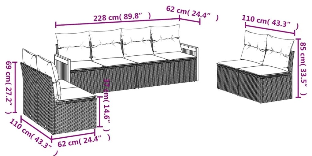 8 pcs conjunto de sofás p/ jardim com almofadões vime PE bege