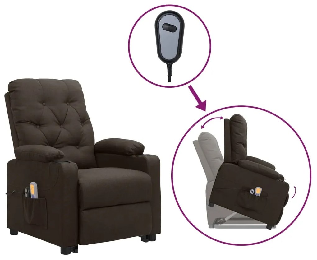 vidaXL Poltrona elevatória de massagens tecido castanho-escuro