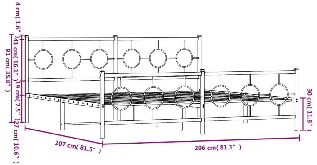 Estrutura de cama com cabeceira e pés 200x200 cm metal preto