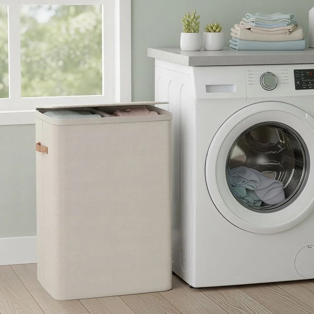 Cesto da roupa suja, 170 L com 2 compartimentos 56 x 40 x 75 cm bege cappuccino
