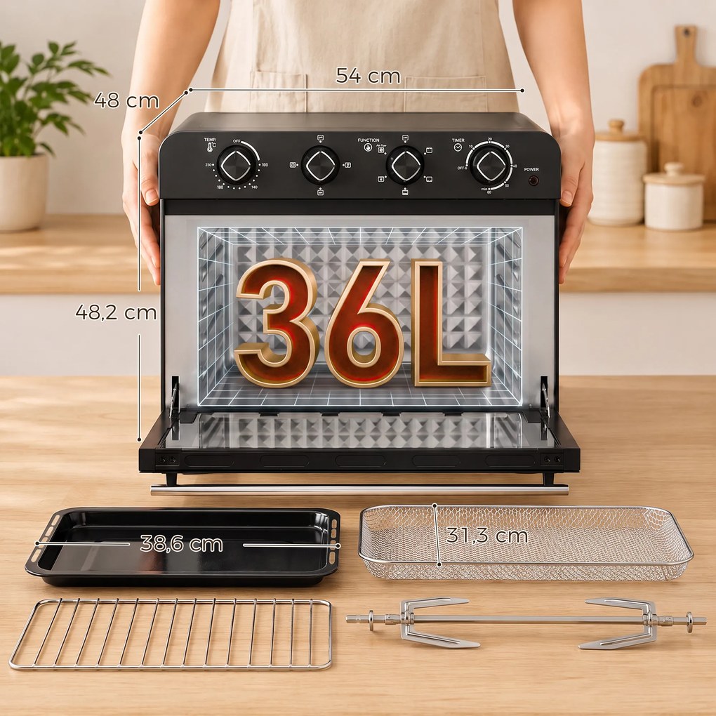 Forno Fritadeira a Ar Quente, 54 x 48 x 48,2 cm, Capacidade de 36 L, Preto