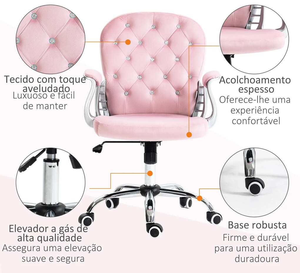 Cadeira de Escritório Estofada em Veludo Cadeira Giratória com Altura Ajustável e Decorações de Cristal 59,5x60,5x103 cm Rosa