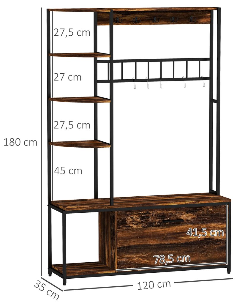 Móvel Cabide de Entrada com Sapateira Móvel de Entrada com Banco Prateleiras e Ganchos  120x35x180 cm Castanho Escuro