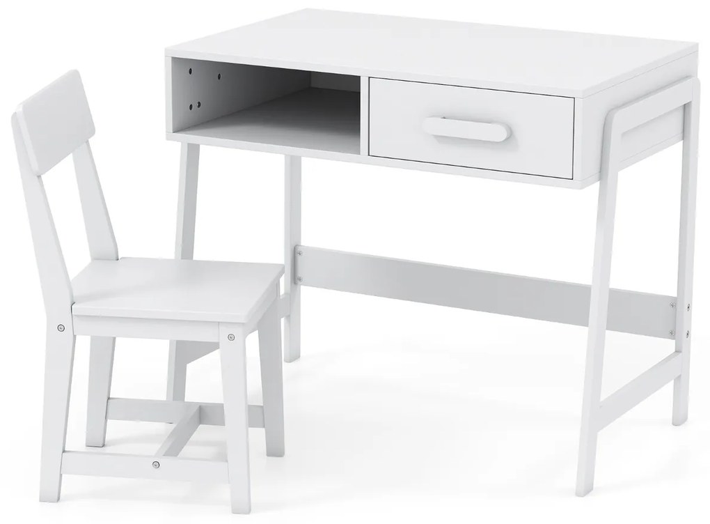 Conjunto de secretária e cadeira para crianças com gaveta e estante Branco