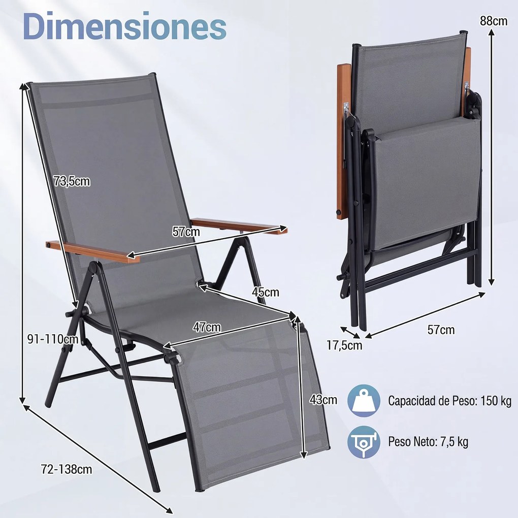 Conjunto de 2 Espreguiçadeiras Dobráveis (MESA NÃO INCLUIDA), 57 x 72-138 x 91-110 cm, Encosto Ajustável em 5 Posições, Cinzento