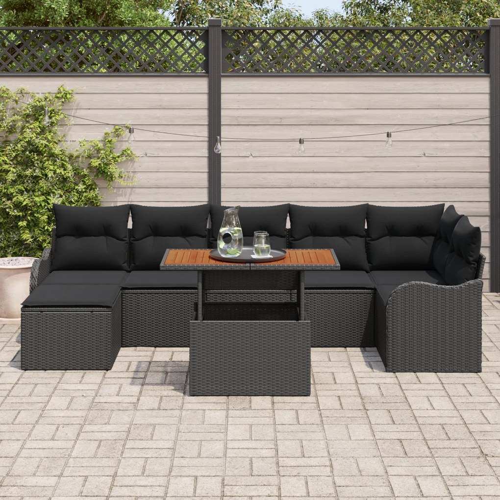 Conjunto de Sofá de Jardim vidaXL com Almofadas Preto Rattan Poliéster
