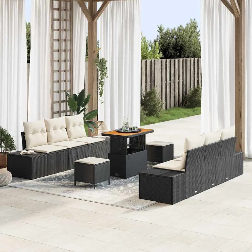 vidaXL Conjunto de Sofá de Jardim com 9 Peças e Almofadas em Rattan Sintético Preto e Acácia.