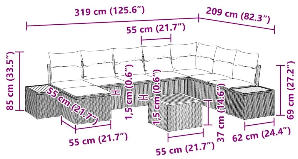 Conjunto de Sofá de 9 Peças com Almofadas Bege de Rattan Polimérico de