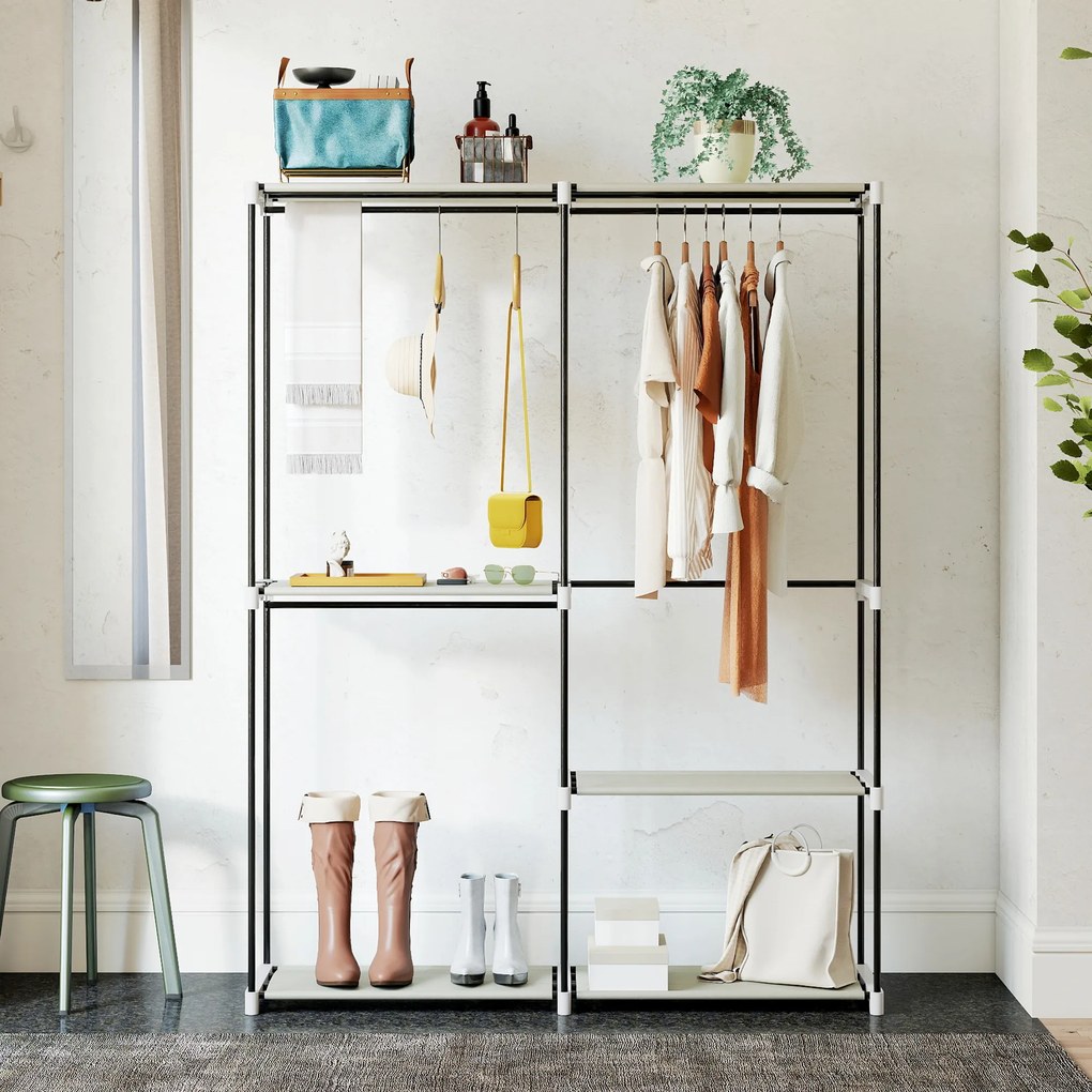 Guarda Roupa Aberto 142x43x185 cm Armário para Roupas com 4 Prateleiras de Tecido 3 Barras para Pendurar Creme