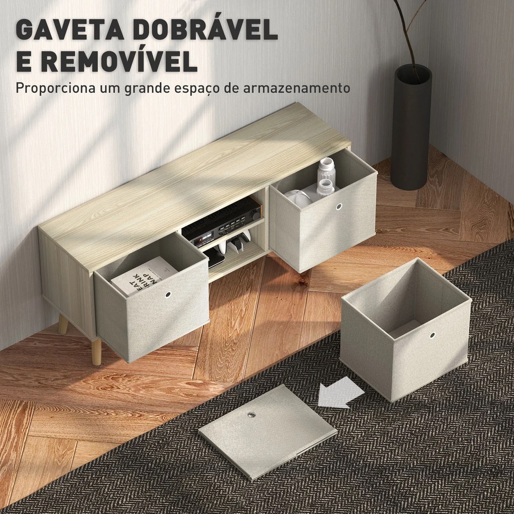 Móvel de TV para Televisores de até 50 Polegadas com 2 Gavetas de Tecido 2 Prateleiras Abertas 110x29x46,5 cm Madeira Clara e Bege