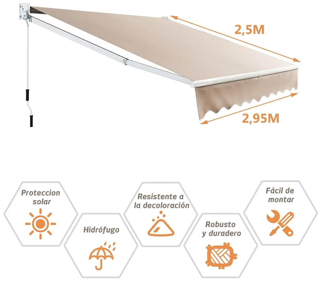 Toldo retrátil 295 x 250 cm com manivela manual para parede Porta Janela Bege