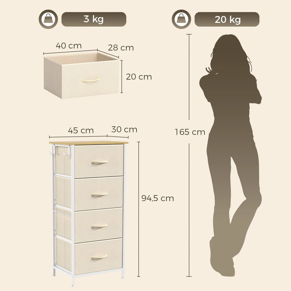 Cómoda de Quarto com 4 Gavetas tecido, 45 x 30 x 94,5 cm, Estrutura em Aço, Bege