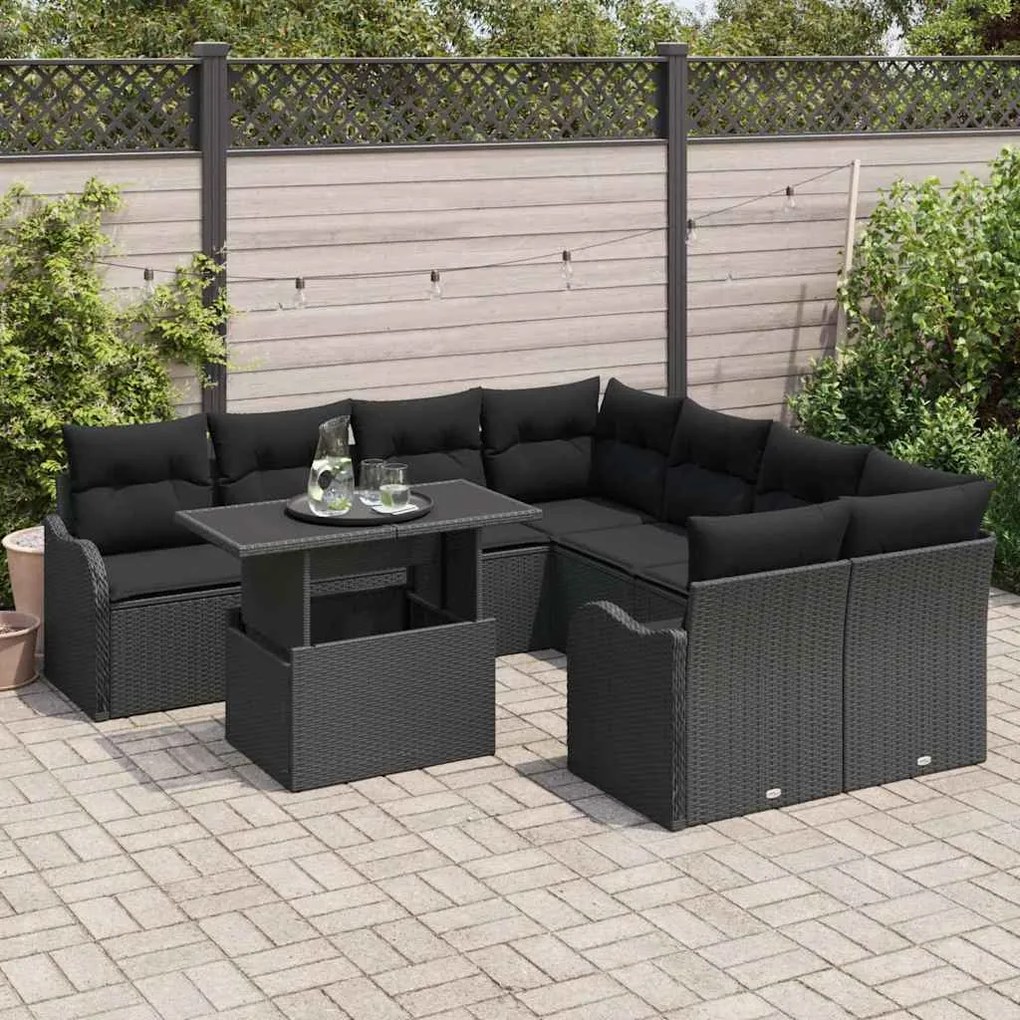 Conjunto de Sofá de Jardim vidaXL com Almofadas Polirattan Preto de 9