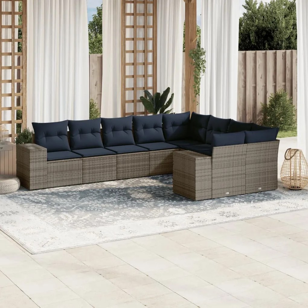 vidaXL 9 pcs conjunto sofás p/ jardim c/ almofadões vime PE cinzento