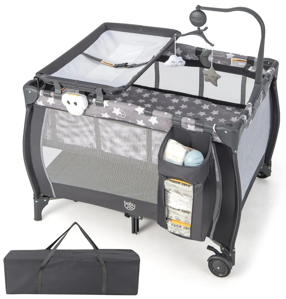 Berço de viagem para bebés 3 em 1 com trocador de fraldas, colchão removível 125 x 65 x 76 cm Cinzento