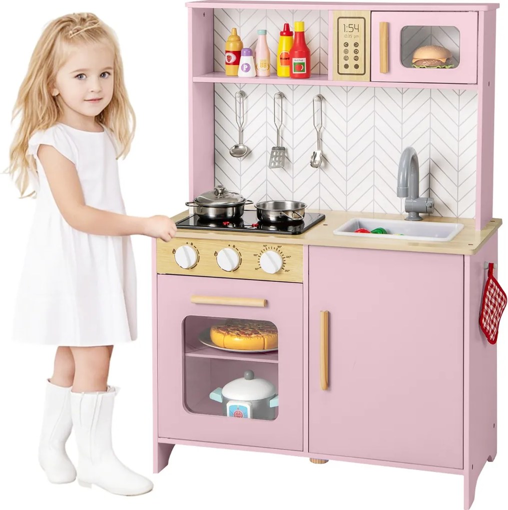 Cozinha de brincar para crianças de madeira 60 x 30 x 85 cm com luzes, sons, micro-ondas, fogão, lava-louças, forno e acessórios Rosa