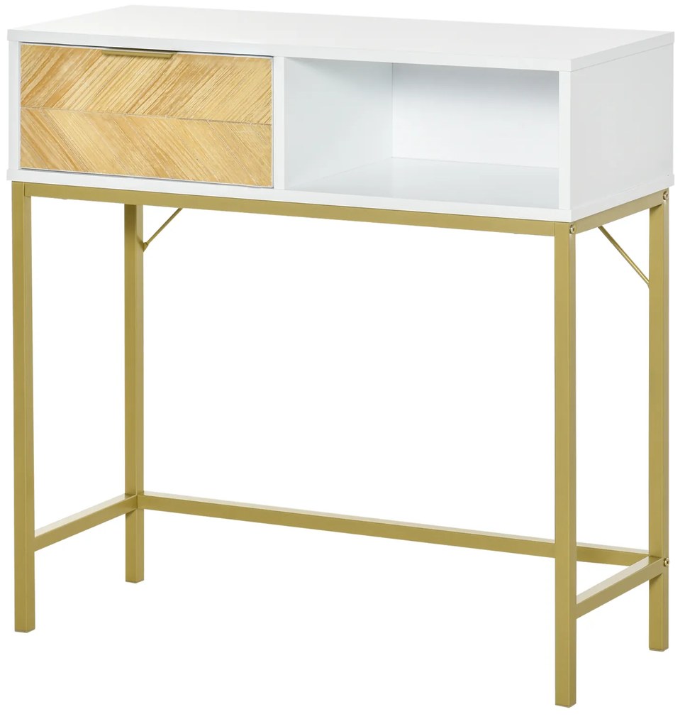 HOMCOM Mesa consola com gaveta e prateleira aberta Estilo moderno Móveis de Corredor Sala de estar 80x30x80,5 cm Ouro branco