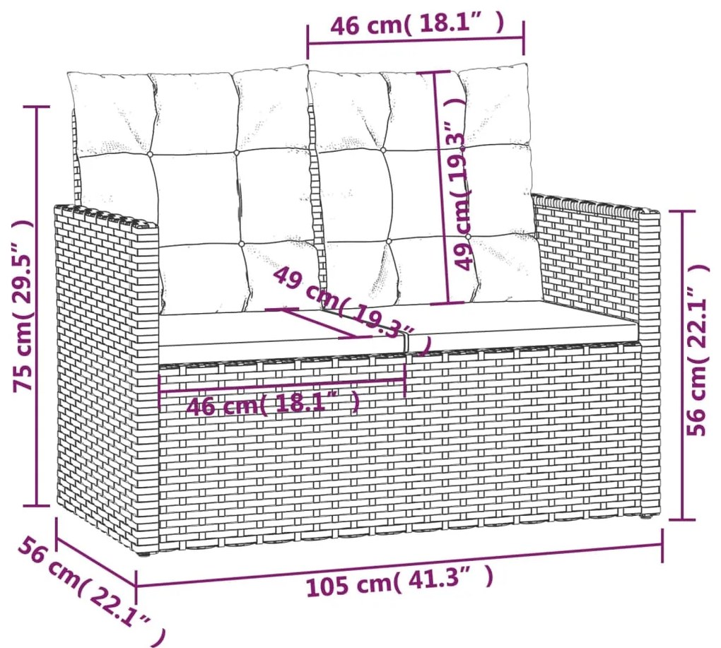 Banco de jardim com almofadões 105 cm vime PE cinzento