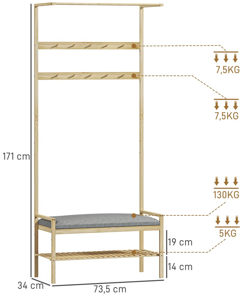 Móvel Cabide de Entrada com Sapateira 10 Ganchos Barra Superior e Compartimento 73,5x34x171 cm Madeira e Cinza