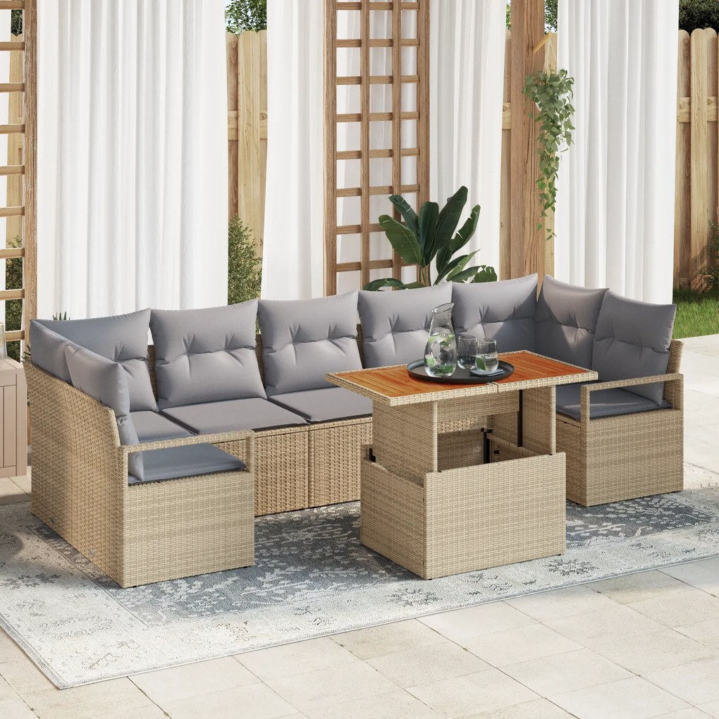 Conjunto de Sofá para Jardim 8 Peças com Almofadas Bege Rattan de Polietileno Acácia