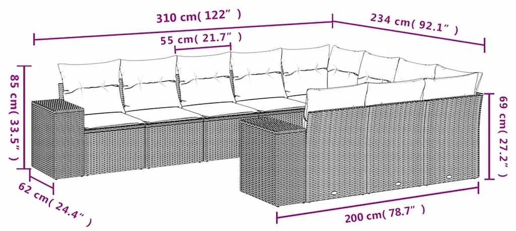 10 pcs conj. sofás jardim com almofadões vime PE castanho