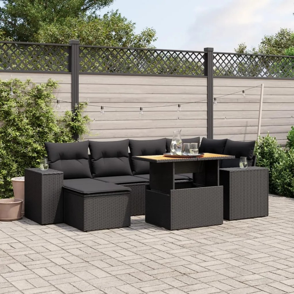 7 pcs conjunto de sofás p/ jardim c/ almofadões vime PE preto