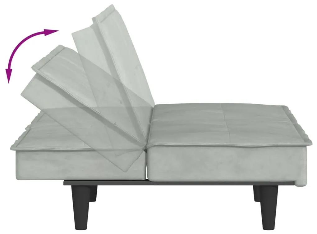 Sofá-cama com suportes para copos veludo cinzento-claro