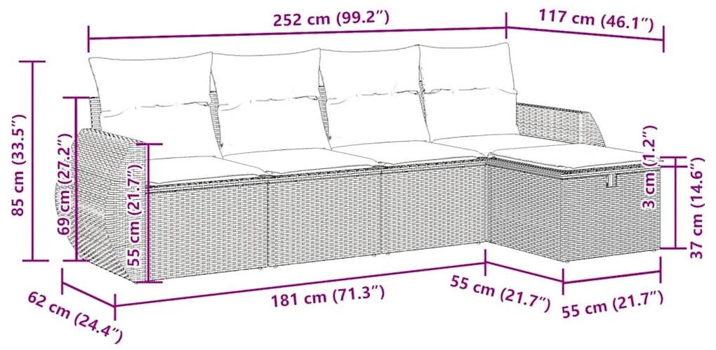 5 pcs conjunto de sofás p/ jardim com almofadões vime PE bege