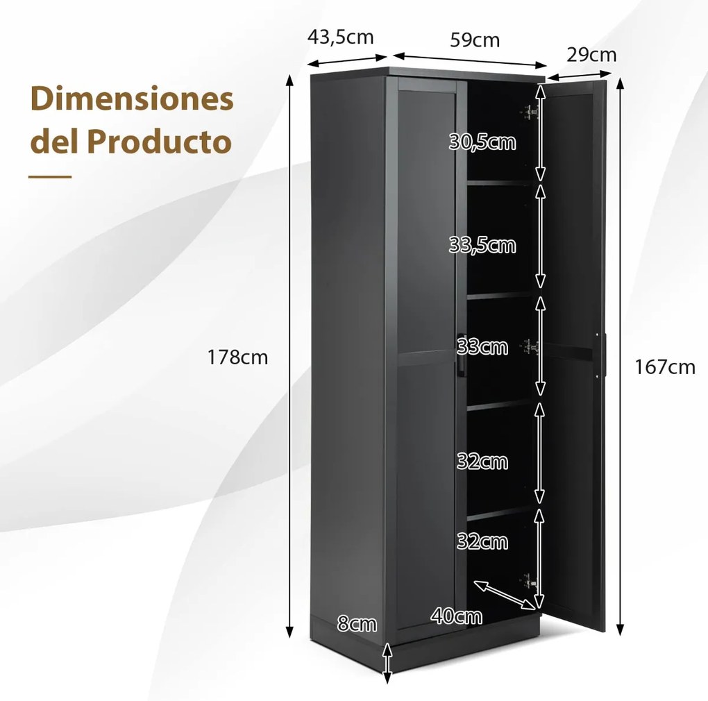Armario armazenamento multifuncional com 2 portas e 5 estantes ajustáveis 59 x 43,5 x 178 cm Preto