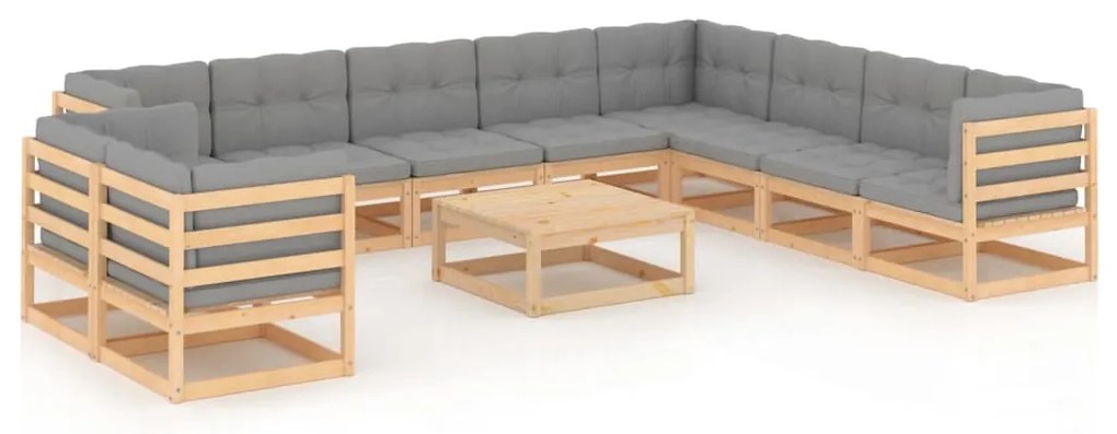 11 pcs conjunto lounge de jardim c/ almofadões pinho maciço