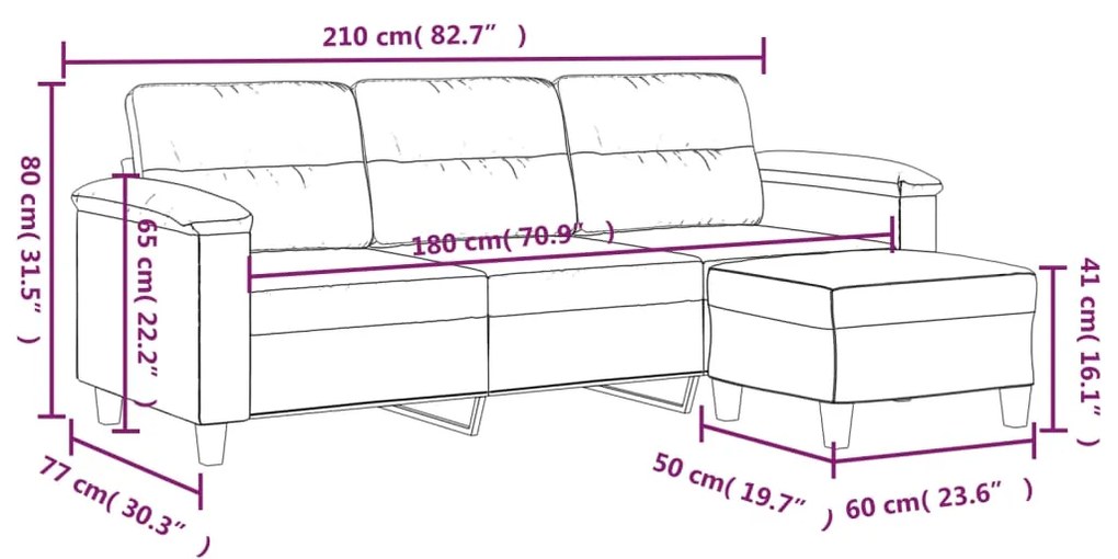 Sofá de 3 lugares c/ apoio pés 180 cm tecido microfibra creme