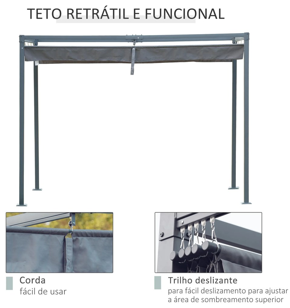 Pérgola 400x300x222 cm Pérgola de Jardim com Teto Retrátil de Poliéster com Revestimento para Celebrações Festas Casamento Cinza