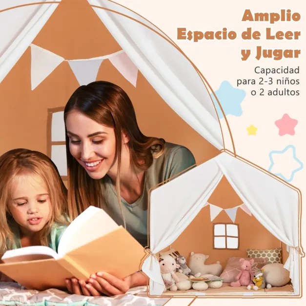 Tenda Infantil com Tapete Lavável e Janelas Estrutura em Madeira Maciça 131 x 91 x 131 cm Castanho Claro