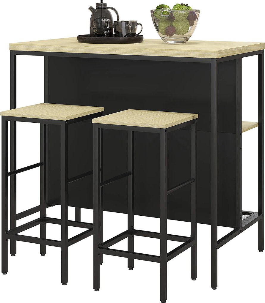 Conjunto de mesa de bar e 2 bancos de estilo industrial com prateleira de arrumação, apoio para os pés, em metal preto e com aspeto de madeira