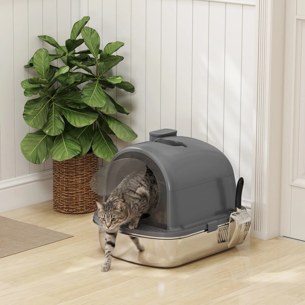 Casa de Banho para Gato Caixa de Areia Fechada, Limpeza fácil, Caixa Aço Inoxidável, 52,4x41,3x39,9cm, cinza escuro