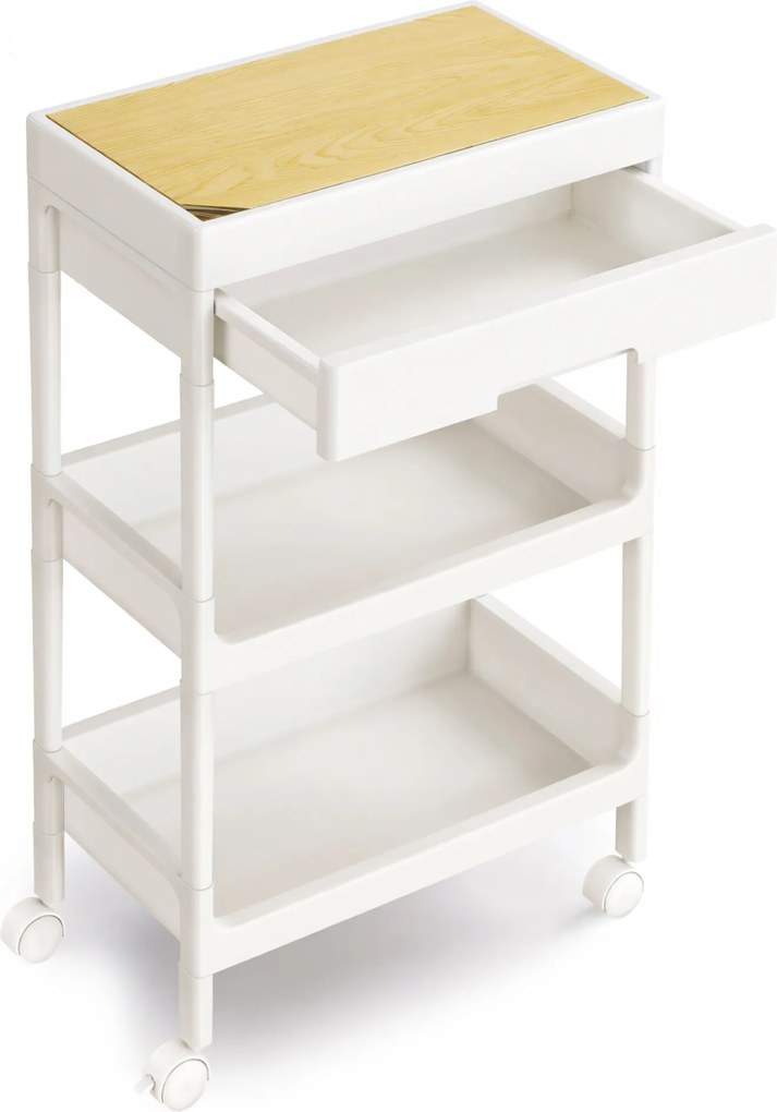 Carrinho de cozinha de 3 níveis 25,5 x 41 x 68 cm, tampo superior amovível branco com acabamento em carvalho