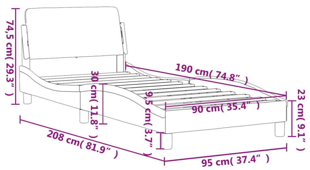 Estrutura de cama c/ cabeceira tecido cor creme 90x190 cm