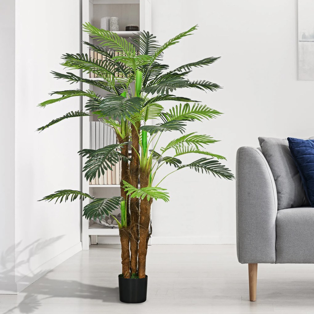 Palmeira artificial, 1,6 m de altura. Árvore artificial com tronco, ramos, líquen e folhas. Muito realista. Vaso incluído Verde