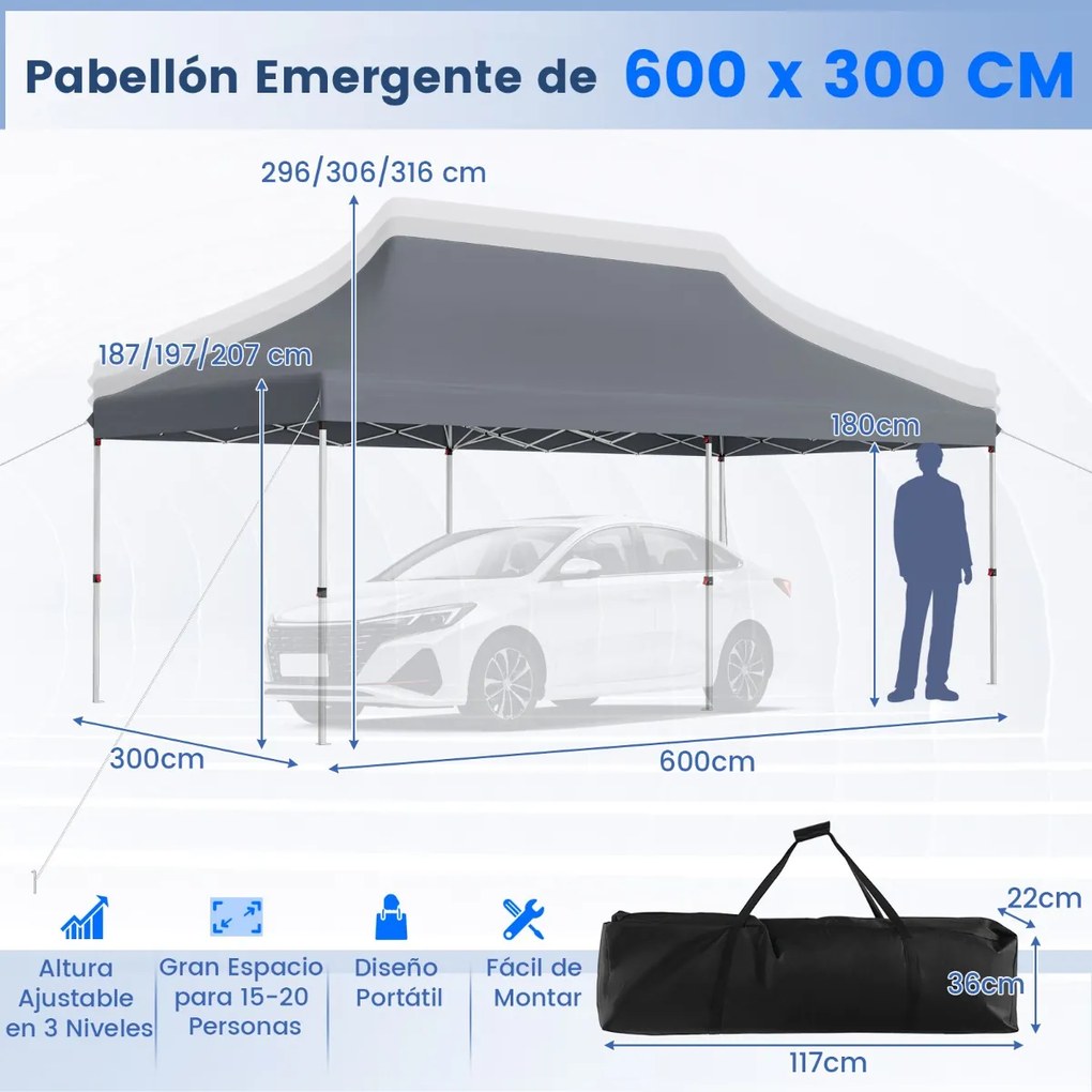 Tenda para festas, eventos jardim dobrável impermeável de 3 x 6 m com bolsa de transporte Proteção solar Tenda resistente Cinzento