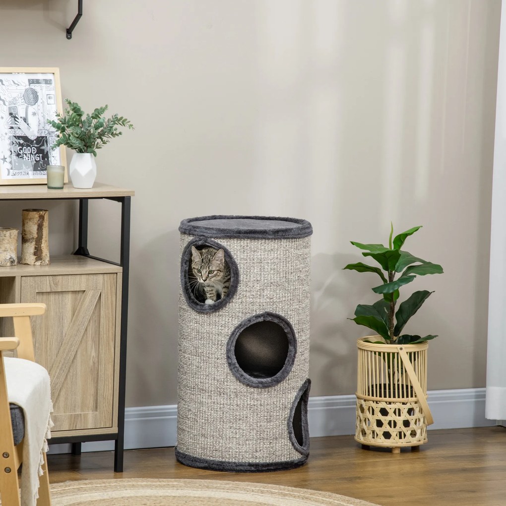 Barril para gatos arranharem, torre de arranhar em sisal com 3 níveis revestida a pelúcia, Ø 38 x 70 cm, cinzento claro
