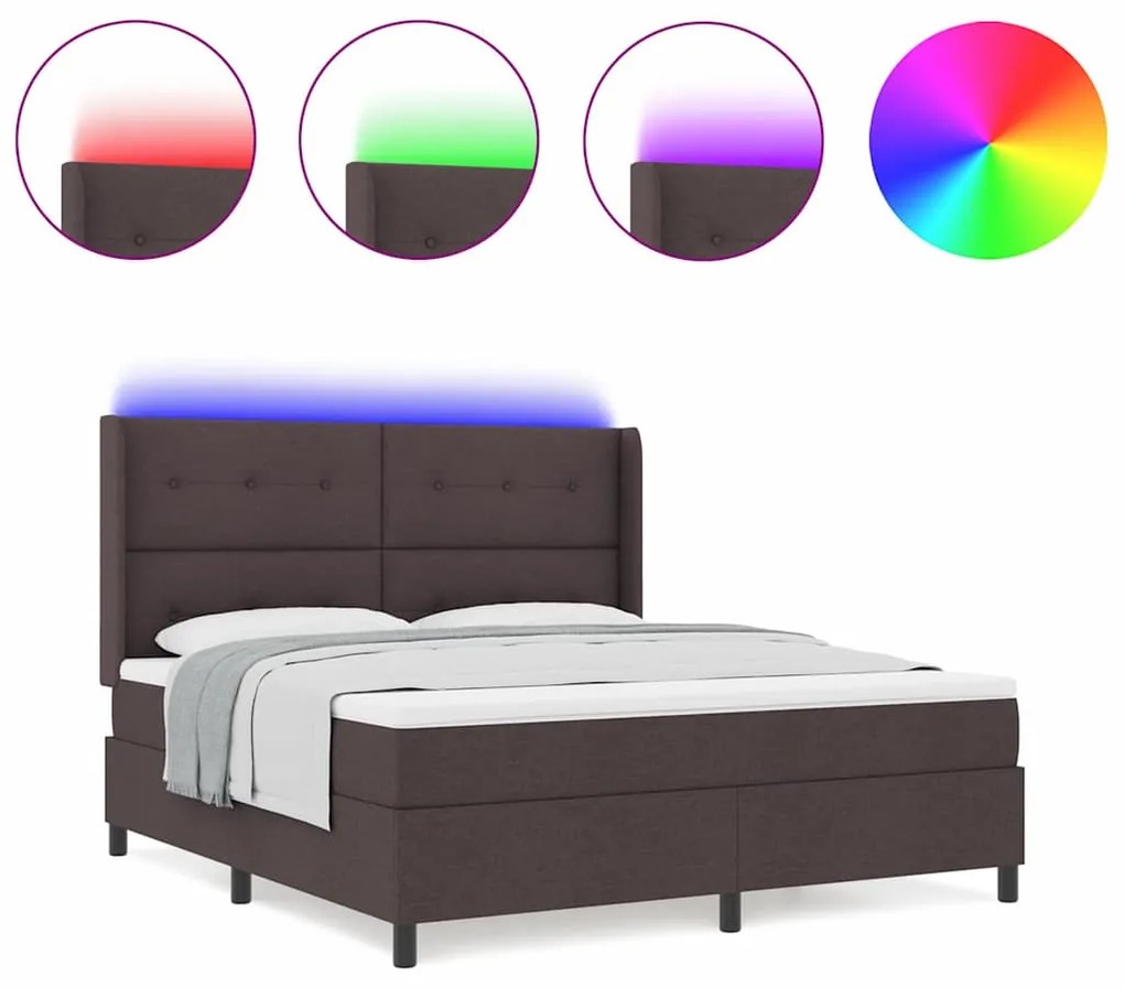Cama com estrado e colchão, LED, castanho escuro, 180 x 200 cm, tecido