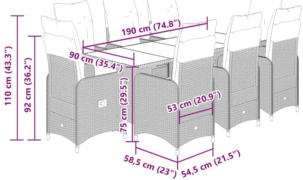 9 pcs conjunto bistrô de jardim c/ almofadões vime PE cinzento