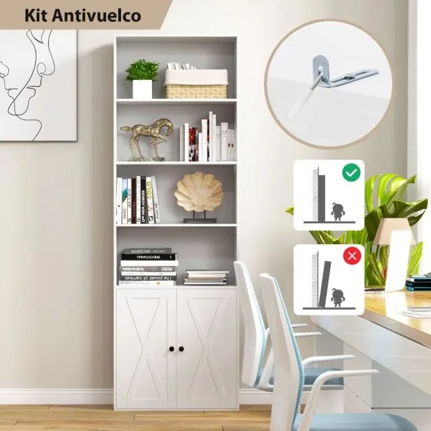 Estante com 2 Portas 6 Prateleiras e Armarios Prateleiras Ajustáveis Estante independente para Sala de Estar Escritório 60 x 24 x 180 cm Branco