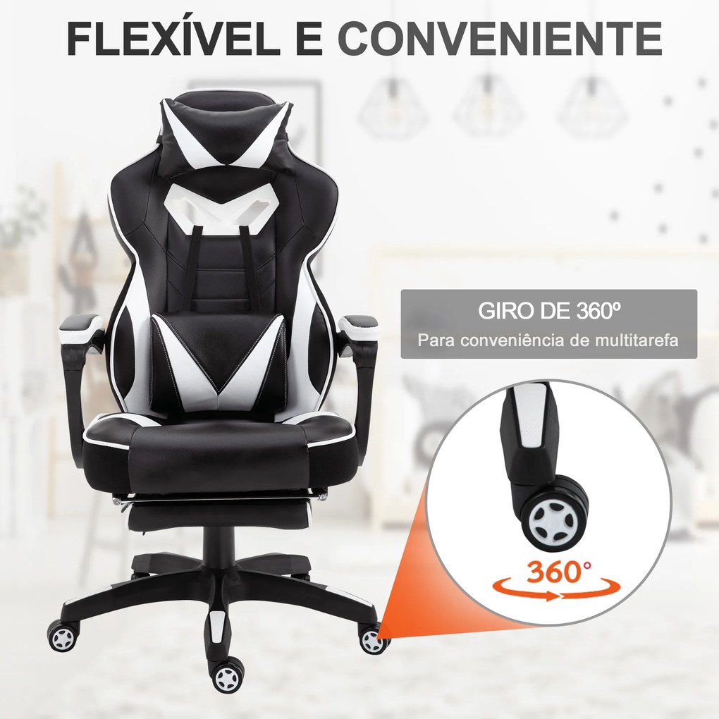 Cadeira de escritorio gaming ergonômica Altura Ajustável reclinável com apoio para pés Branco e Preto