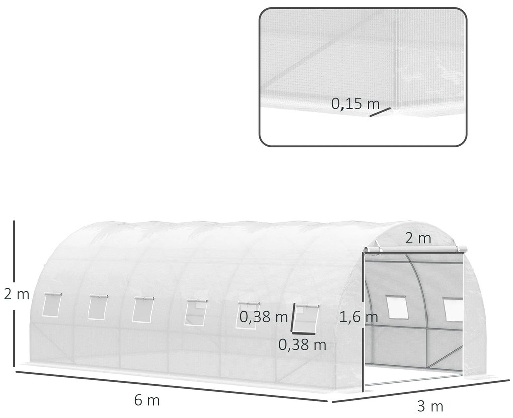 Outsunny Estufa de Túnel 600x300x200cm com Porta Enrolável 12 Janelas