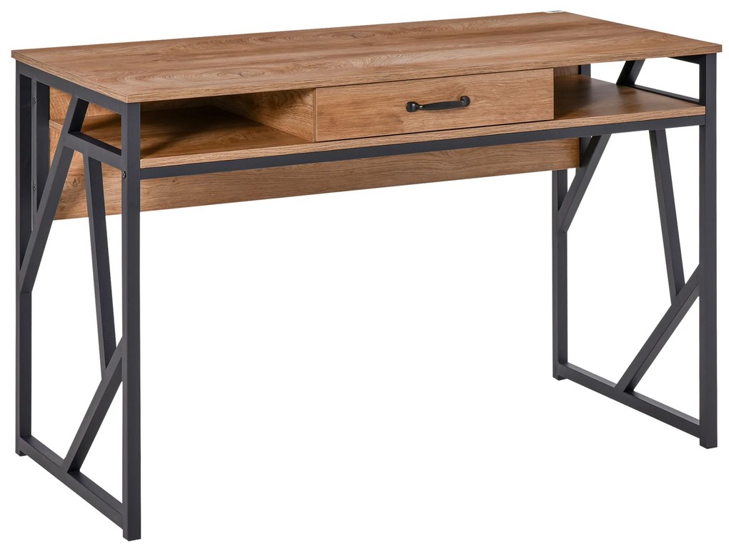 HOMCOM Escrivaninha Mesa Computador de Estilo Industrial 120x60x76 cm com Gaveta 2 Prateleiras Tampo Aparência de Madeira Nogueira | Aosom Portugal