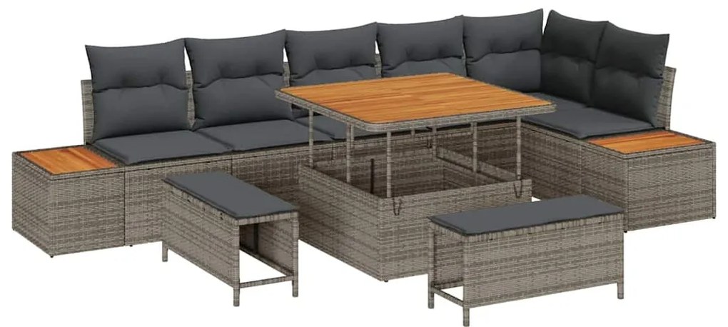 Conjunto de Sofá de Jardim 9 Peças com Almofadas Cinza Poliéster e Acá