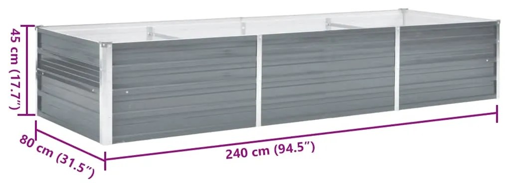 Canteiro elevado de jardim aço galvanizado 240x80x45cm cinzento