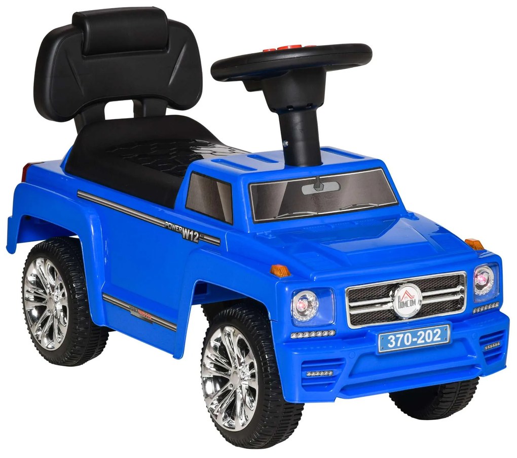 HOMCOM Carro Andador Bebé 18-36 Meses sem Pedais Faróis Música Buzina Armazenamento Encosto Alto Azul Brinquedo Interativo