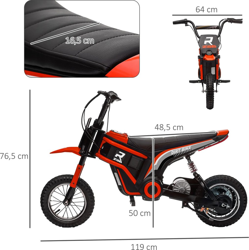 Mota de motocross elétrica para crianças, moto elétrica infantil, motor de 350 W, bateria de 12 V, 8-16 km/h, pneus insufláveis de 12'', vermelha